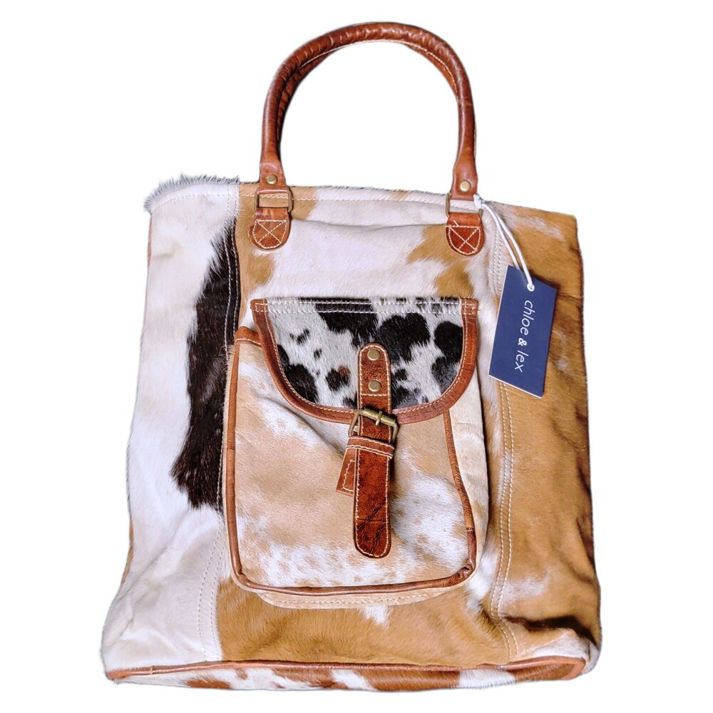 NEW Chloe & Lex Western Farmcore Country Animal Hair Tote w/ Faux Leather Trim - Picture 13 of 16